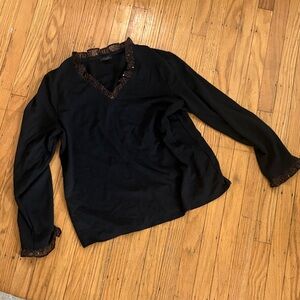 Talbots Black V-Neck Blouse with Lace Trim